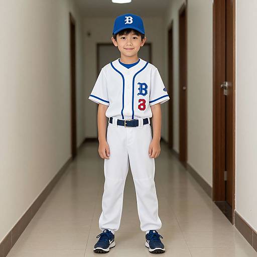 Photograph of a young boy standing in a hallway, wearing a white baseball uniform with blue 