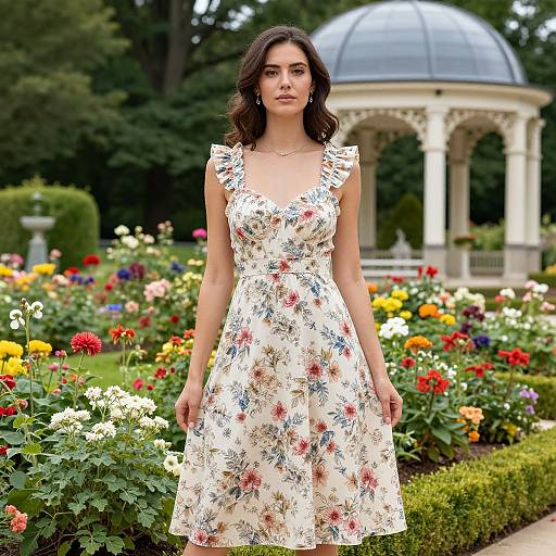 Photograph of a young woman with wavy dark hair in a white floral dress, standing in a vibrant garden with a glass-domed gazebo in