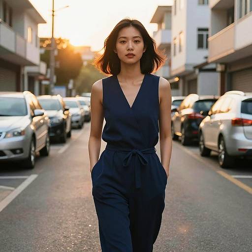Photograph of an Asian woman with shoulder-length black hair, wearing a navy blue sleeveless V-neck jumpsuit, walking confidently down a sunlit urban