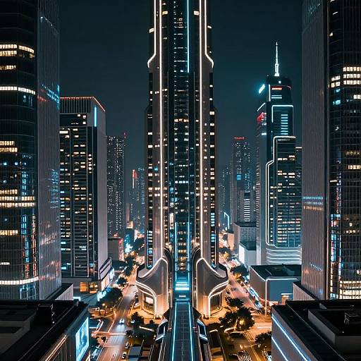 Digital artwork of a neon-lit, futuristic city skyline at night. Tall skyscrapers with glowing blue and white lights surround a busy, illuminated street
