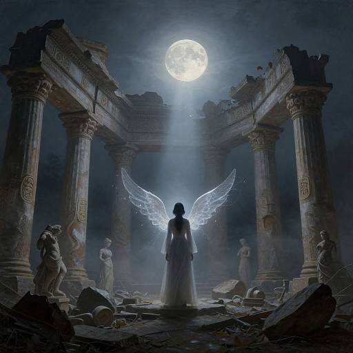 Silhouetted angel with glowing wings stands in moonlit, ruined temple, surrounded by broken columns and scattered debris under a full moon. Digital art