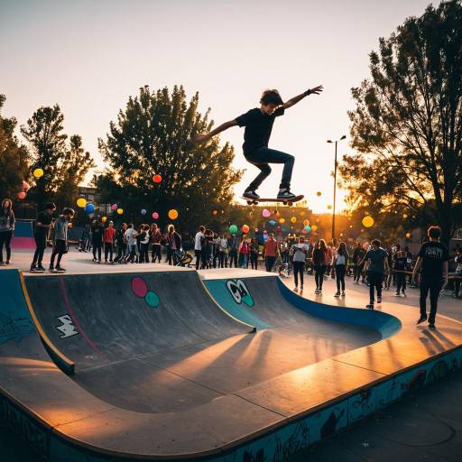 Skateboarder Performing Trick at Sunset Skate Park