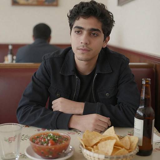 Young man in restaurant booth with chips and salsa