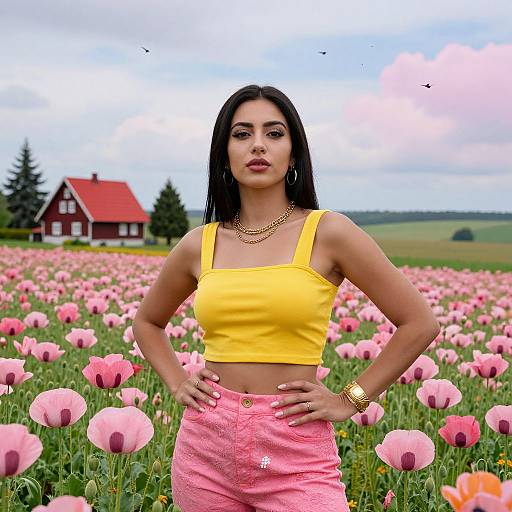 Photograph of a confident woman with long black hair, wearing a yellow crop top and pink shorts, standing in a pink poppy field with a red