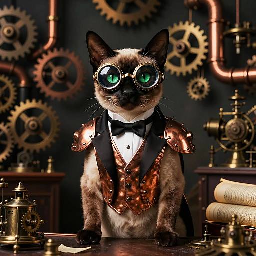 Digital artwork of a steampunk Siamese cat with copper armor, black bow tie, and large round green goggles, surrounded by gears and copper