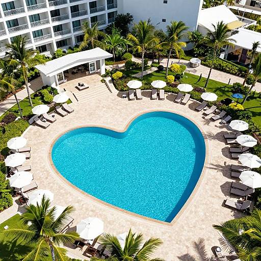 Aerial photo of a heart-shaped pool surrounded by white sun umbrellas, lounge chairs, and palm trees in a sunny, tropical resort. White apartment