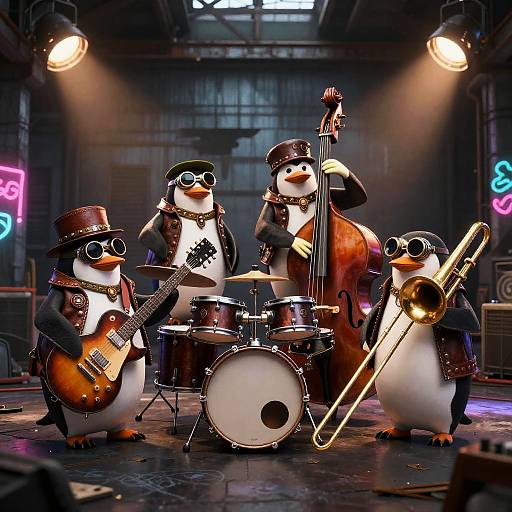 Steampunk Penguin Rock Band in Warehouse