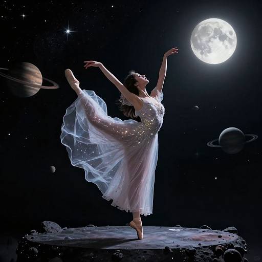 Photograph of a ballet dancer in a sparkling white, translucent dress, balancing on one leg under a full moon, with planets and stars in the dark