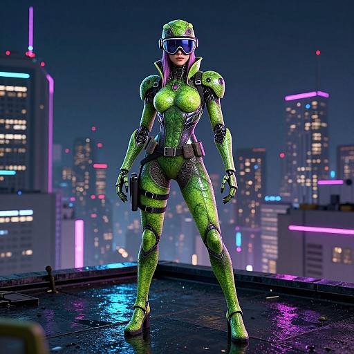 Digital art of a neon-green armored woman with high heels, visor, and gun, standing confidently on a rooftop at night, with a neon-l