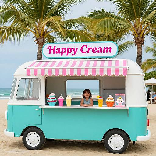 Colorful beach scene: vintage turquoise ice cream van with red-striped awning, 