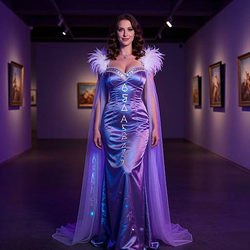 Photograph of a curvy woman with fair skin and dark wavy hair, wearing a shimmering, purple satin gown with white feather shoulders, standing