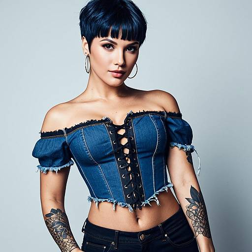 Modern Woman in Denim Corset Crop Top