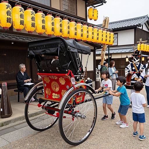 Photograph of a traditional Japanese rickshaw with bright red and gold decorations, illuminated by yellow lanterns, in a historic street with children and adults
