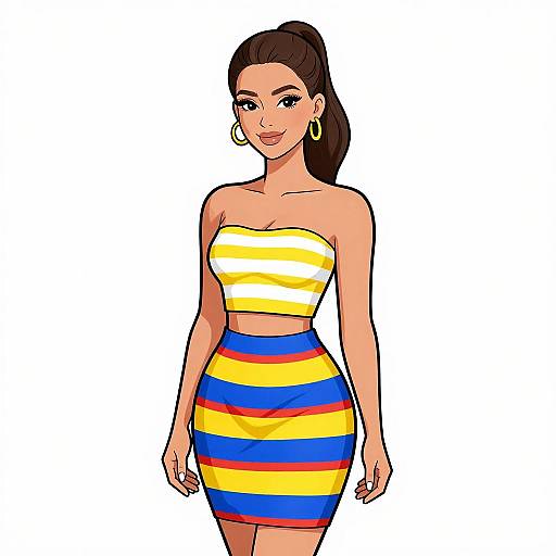 Digital illustration of a smiling woman with dark brown hair in a ponytail, wearing a strapless, yellow-white-blue-striped crop top and skirt, with