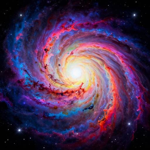 Colorful spiral galaxy with bright, glowing center, surrounded by swirling clouds of red, blue, and purple gas and dust in a starry universe.