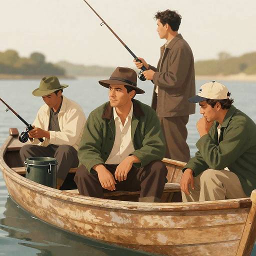 Four Men Fishing in Wooden Boat