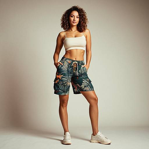Young Woman in Tropical Cargo Shorts and Tube Top