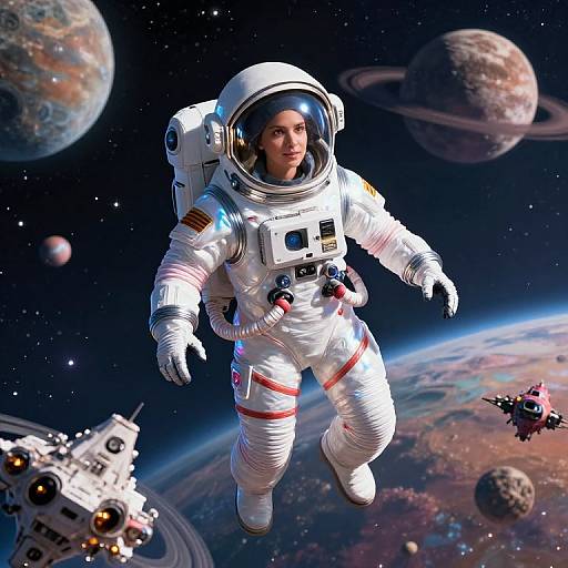 Female Astronaut Floating in Space with Alien Planets