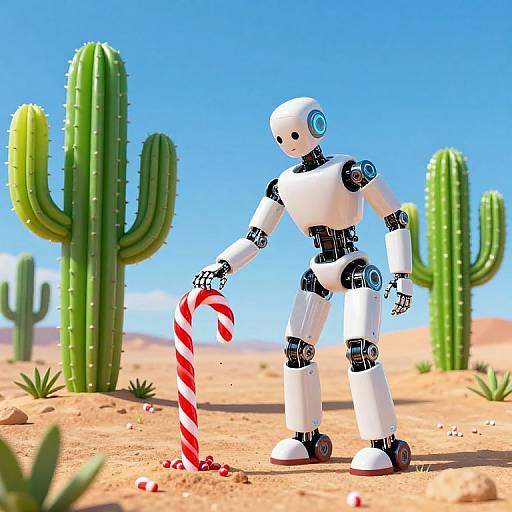 CGI image of a white and black robot holding a red and white candy cane in a bright desert with cacti.