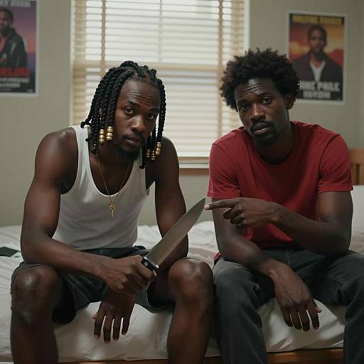 Intense Moment: Two Men in Dim Light