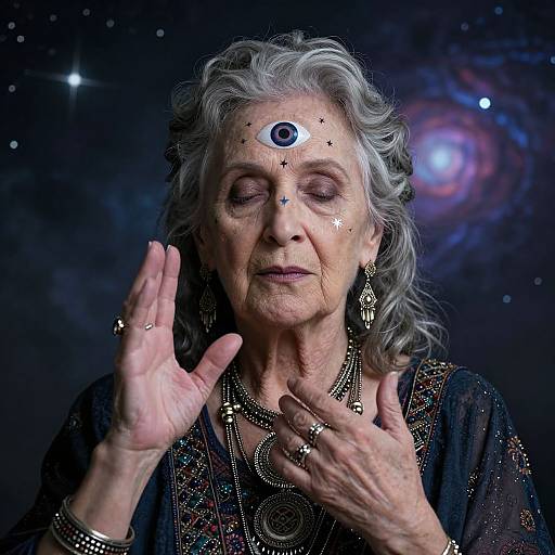Photograph of an elderly woman with gray hair, wearing ornate jewelry, and a black embroidered top, with a third eye on her forehead, hands