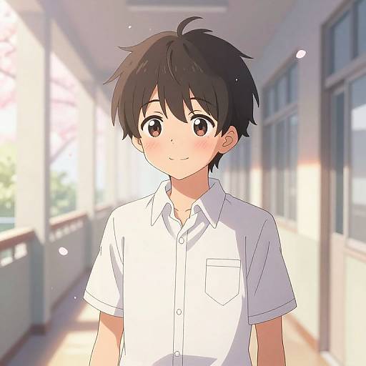 Shy Anime Boy in Sunlit Corridor