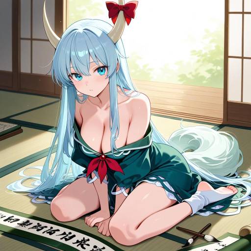 Blue-Haired Fantasy Girl in Tatami Room