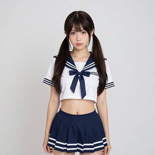 Photograph of an East Asian woman with long black pigtails, wearing a white and navy sailor-style school uniform with a midriff crop top
