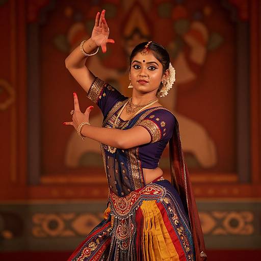 Photograph of an Indian dancer in a traditional navy blue and gold saree, adorned with intricate jewelry, performing a hand gesture against a richly decorated