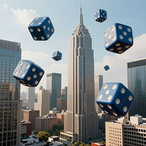 Photorealistic image of floating blue dice with white dots over a bright, sunny cityscape featuring the iconic Empire State Building.