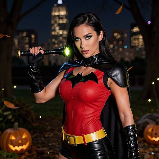 Photograph of a sexy, dark-haired woman in a red Batman-inspired costume with black cape, holding a flashlight, standing in a Halloween night cityscape