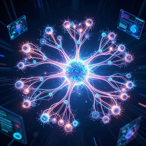 Digital artwork of a glowing, neon-blue and pink neural network with starburst connections against a dark, futuristic background with blurred screens.