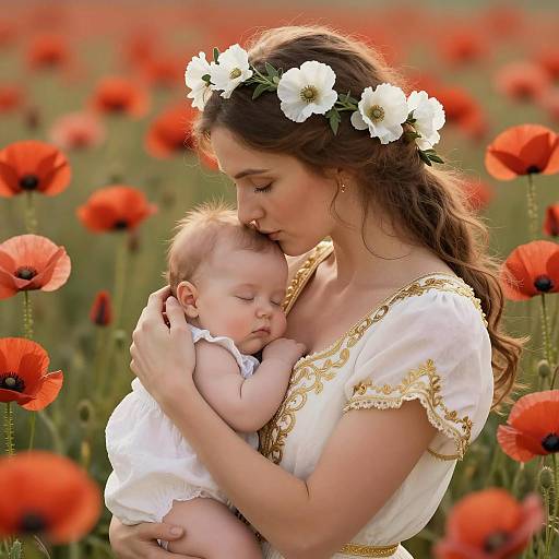 Mother and Baby in Poppy Fields