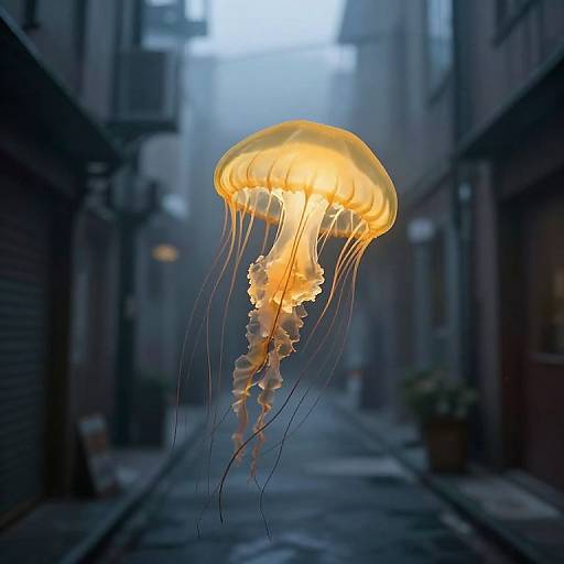 Photograph of a glowing yellow-orange jellyfish floating in a narrow, dimly-lit urban alleyway with blurred buildings and misty atmosphere.