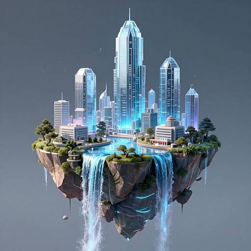 CGI image of a futuristic floating city with glowing blue skyscrapers, cascading waterfalls, lush greenery, and a starry night sky