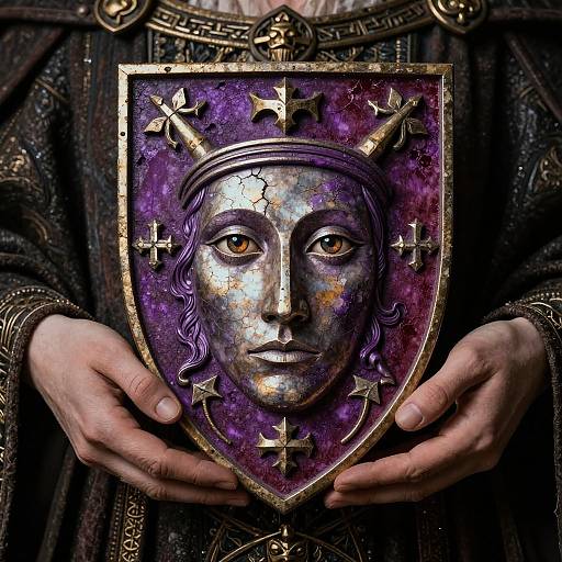 Photograph of hands holding a medieval-style shield with a metallic, gold-accented, purple face featuring serene eyes and crowned with crosses.