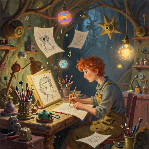 Whimsical painting of a red-haired child artist in a cozy, dimly-lit, star-adorned workshop, drawing under glowing lamps with
