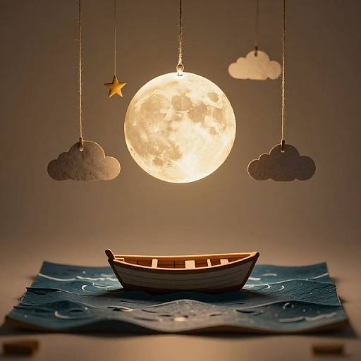 Photograph of a glowing moon-shaped lamp, above a wooden boat on a textured blue ocean mat, surrounded by hanging star, cloud cutouts.