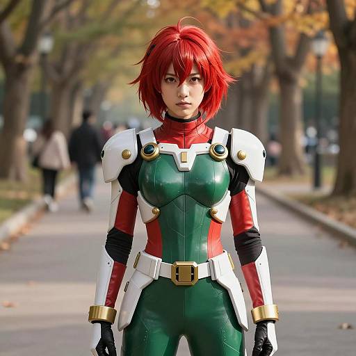 Female Anime Character in Green and Red Armor Costume