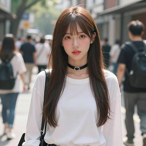 Asian Woman in White Shirt on Urban Street