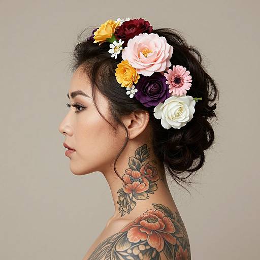 Photograph of a woman with dark hair in a bun, adorned with colorful floral headpiece, showcasing a large floral tattoo on her neck, against a