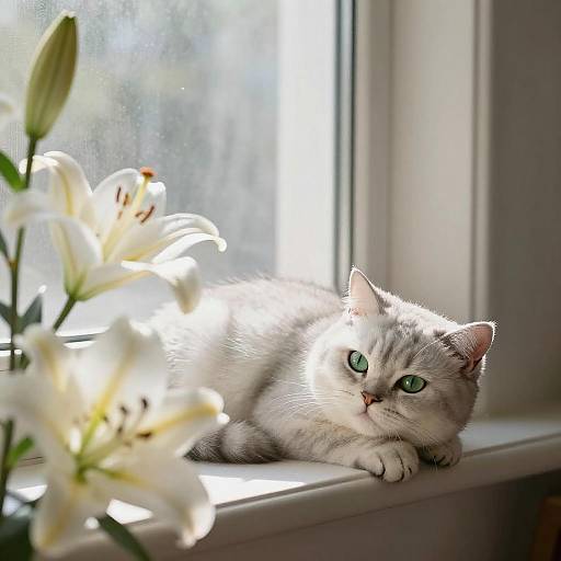 Photograph of a gray tabby cat with green eyes lying on a sunlit windowsill, surrounded by glowing white lilies.
