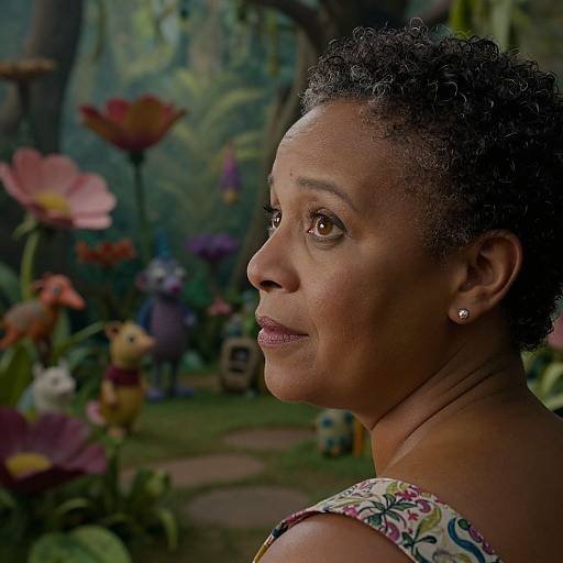 Photograph of a dark-skinned woman with curly hair and small earrings, looking to the side in a whimsical garden setting with colorful flowers and stuffed