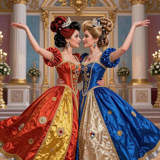 Digital illustration of two elegant women in royal ball gowns, one red and yellow, one blue and gold, dancing gracefully in an opulent, orn