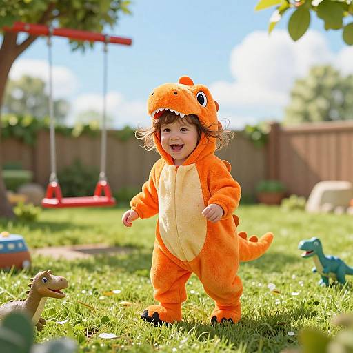 Photograph of a smiling toddler in an orange dinosaur onesie, standing on green grass in a sunny backyard, with swings and toys in the background.