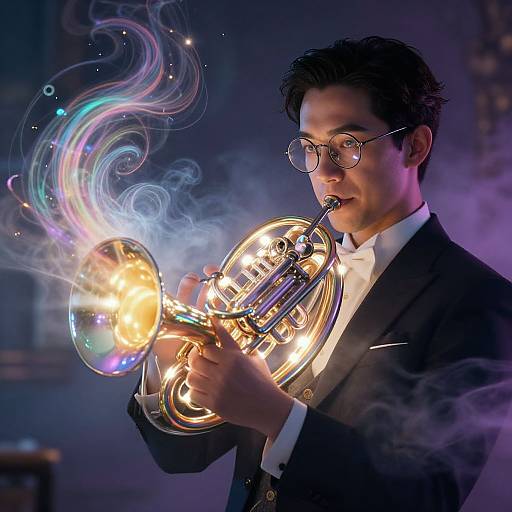 Photograph of a bespectacled man in a black suit playing a glowing, smoke-emitting trumpet, set against a dark, moody background