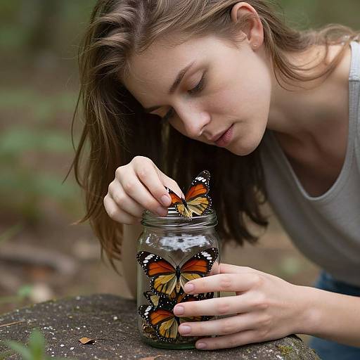 Photograph of a young woman with light brown hair, wearing a gray shirt, gently releasing orange and black monarch butterflies from a jar in a forest setting