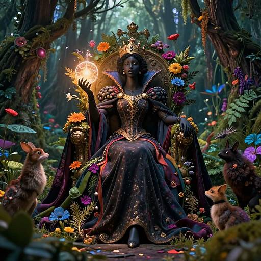 Digital fantasy artwork of a dark-skinned queen with a glowing orb, ornate crown, and black gown, surrounded by colorful flowers and rabbits in a