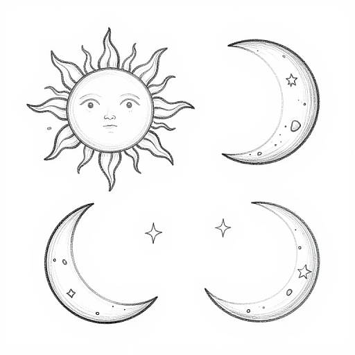 Black-and-white line drawing of a smiling sun with rays and three crescent moons, each with stars and sparkles, arranged in a triangular pattern.