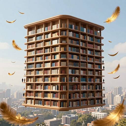 Photorealistic digital artwork of a tall, brown, rectangular building with numerous balconies, floating amidst a cityscape, surrounded by flying golden feathers.